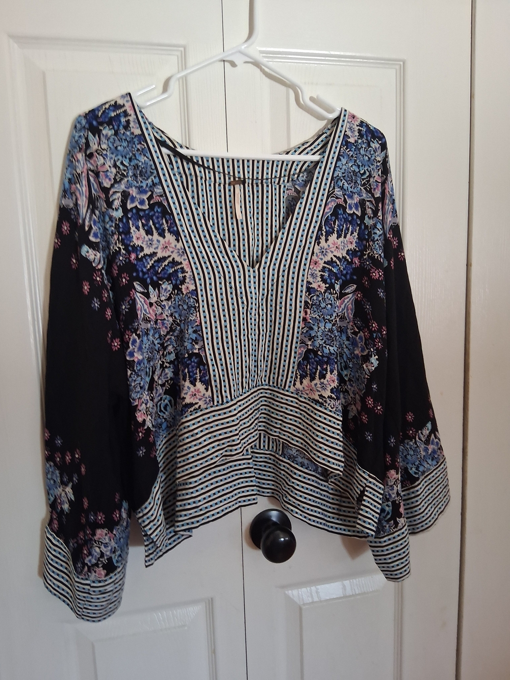 Free People Black Floral V-Neck Tunic with Blue & Pink Accents